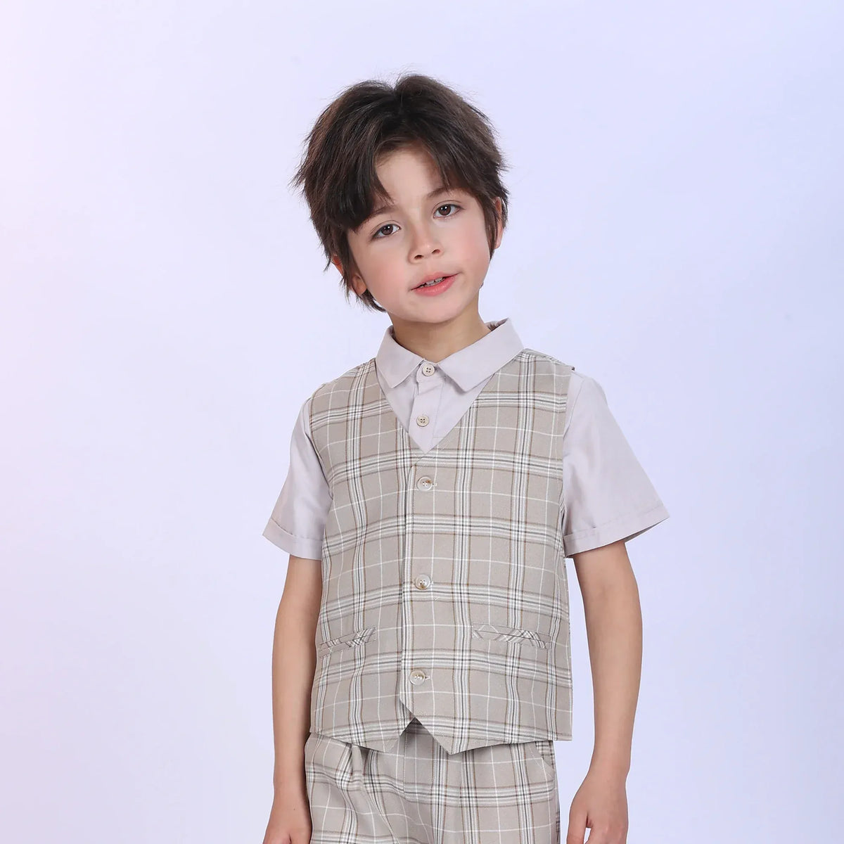 Beige Checked Fashion Waistcoat For Boys Image