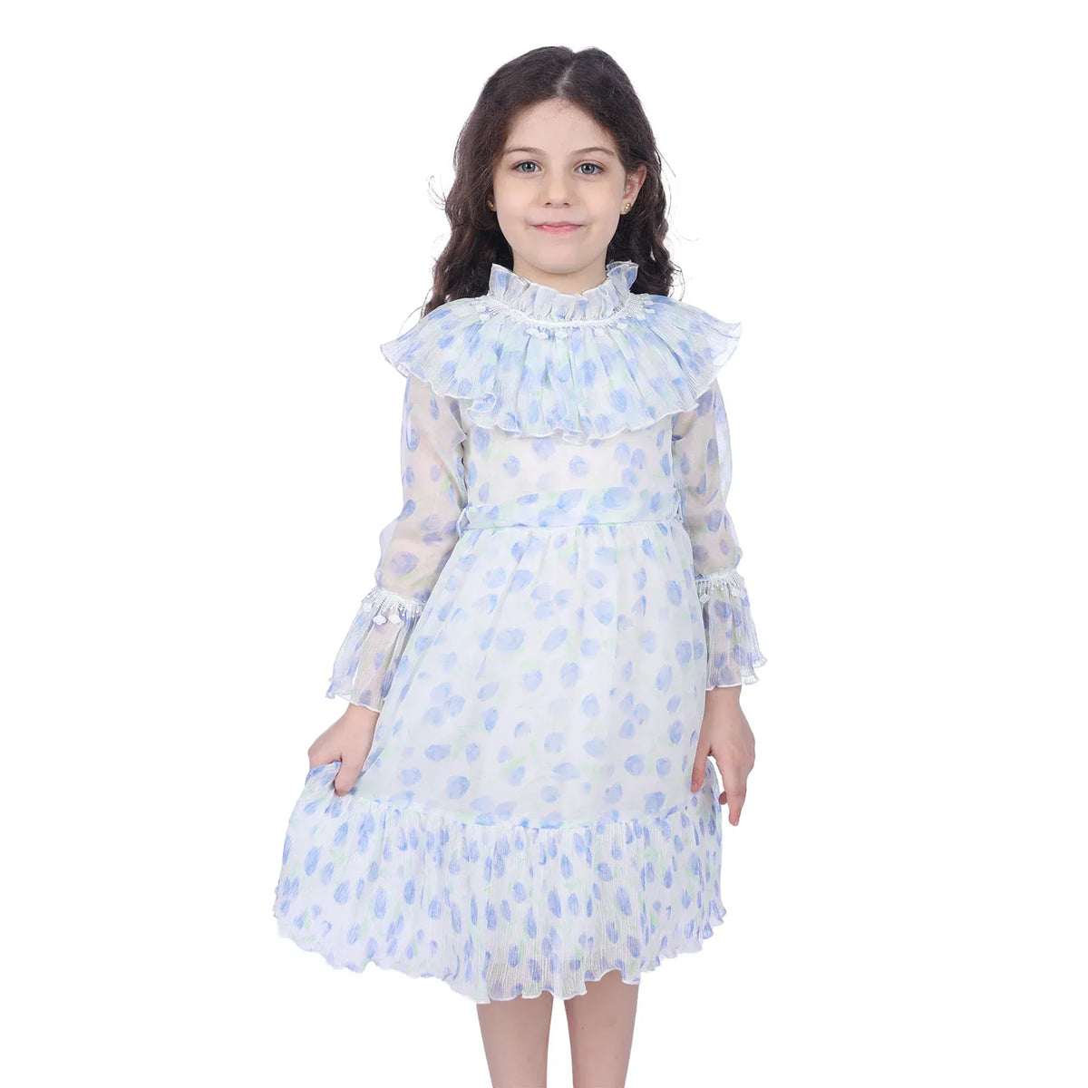 Blue Floral Classic Dress For Girls Image