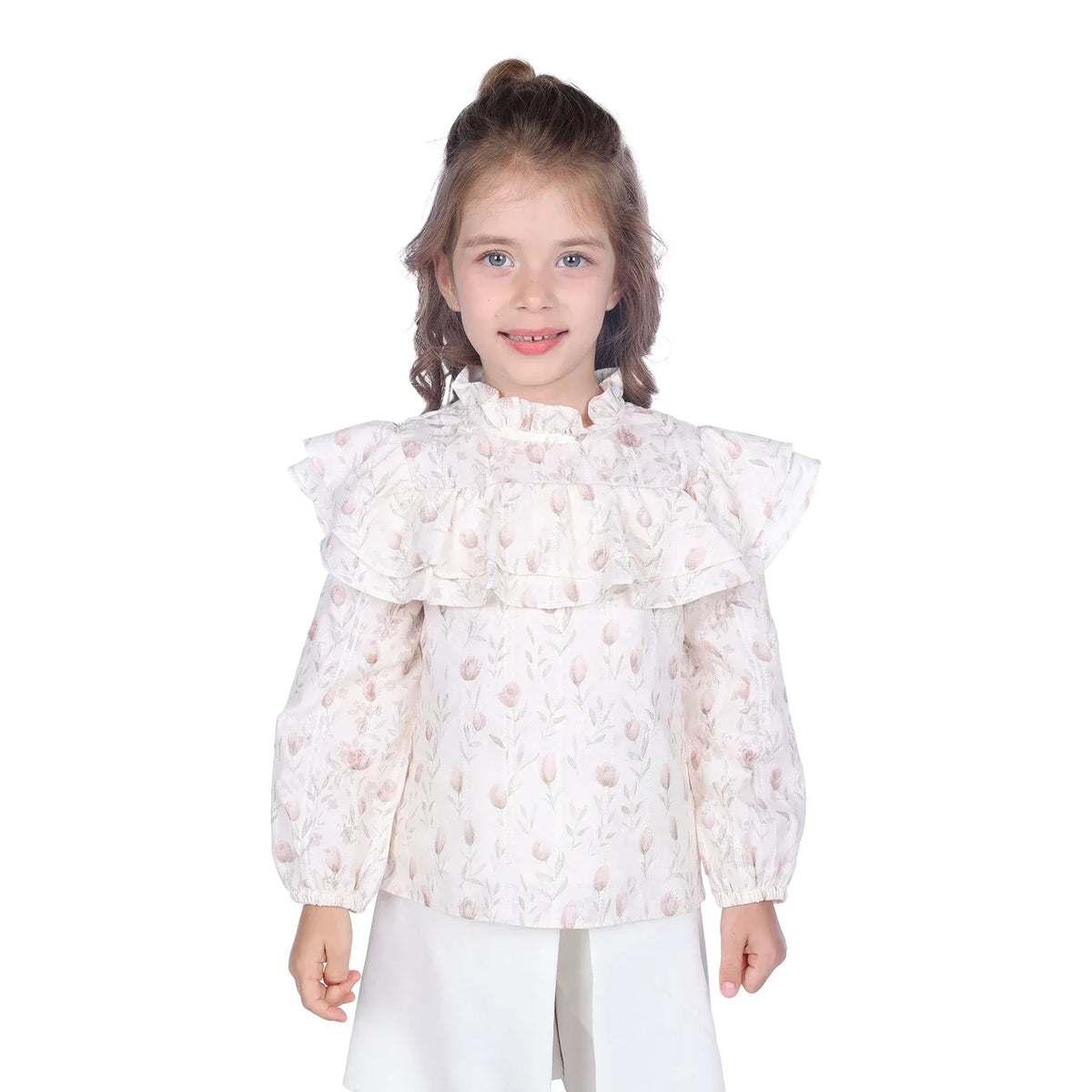 Beige Floral Classic Blouse For Girls Image