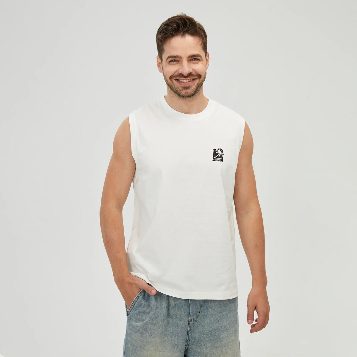 White Embroidery Printed Sleeveless T-Shirt for Men Image