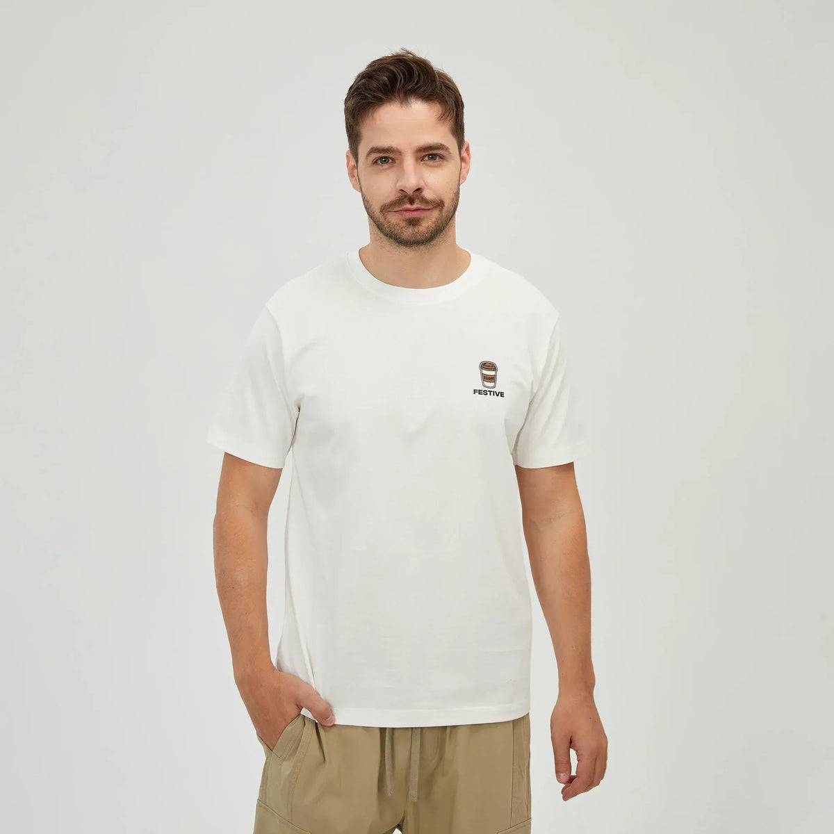 White Embroidery Printed T.Shirt for Men Image