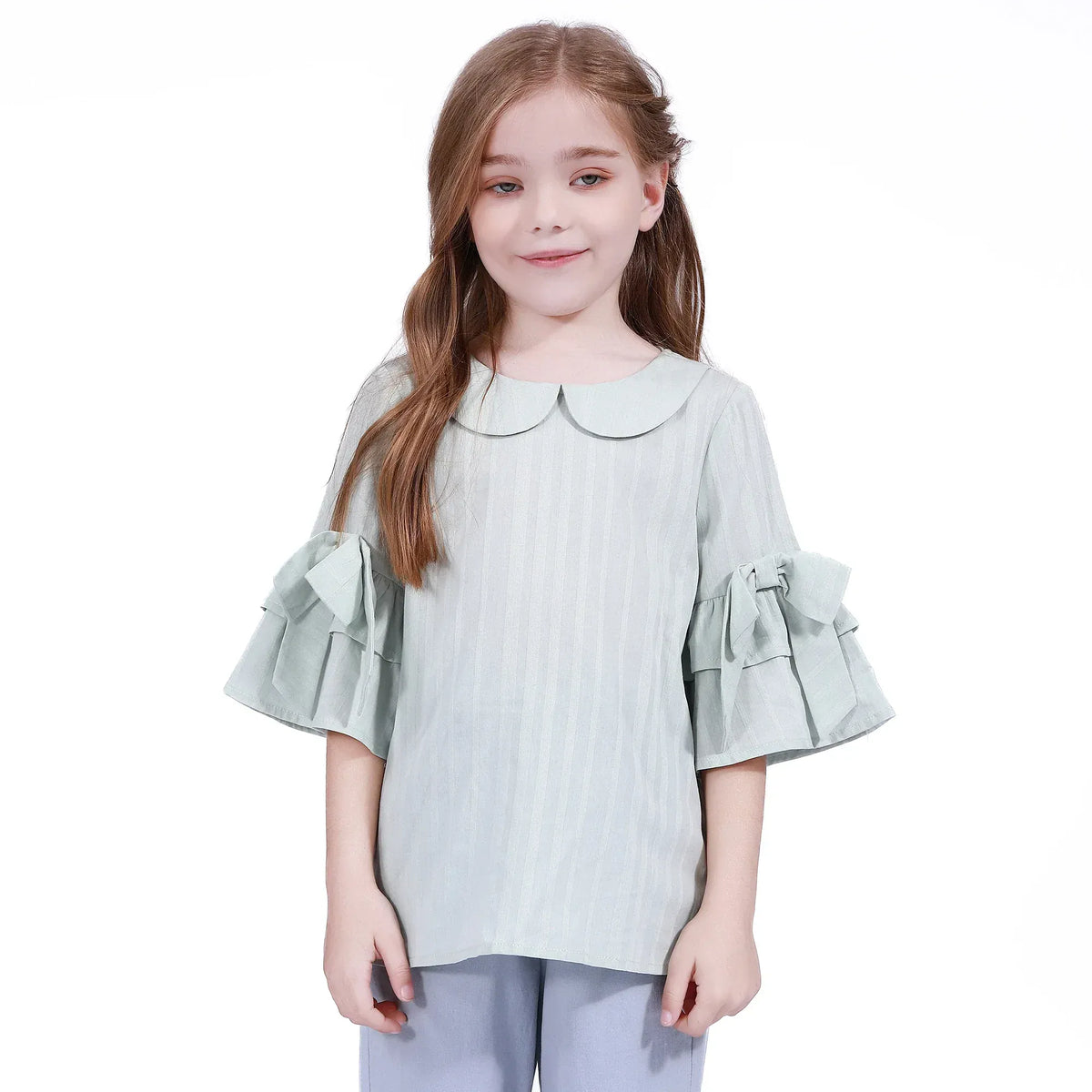 Light Green Striped Blouse for Girls Image