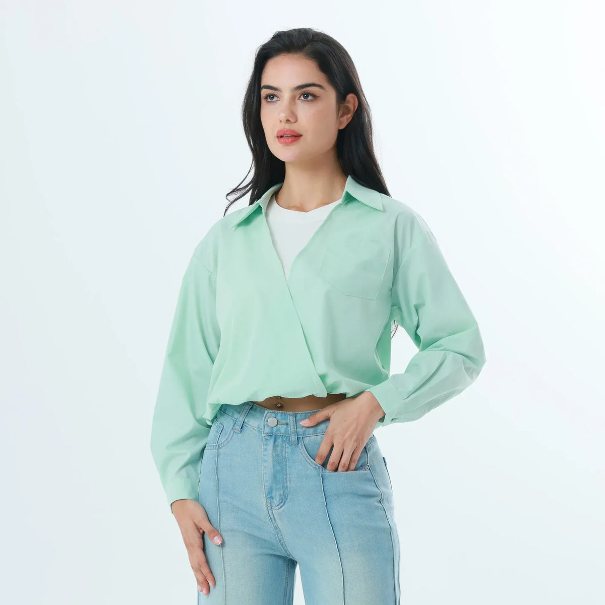 Light Green Color-Blocked Fashion Blouse For Women Image