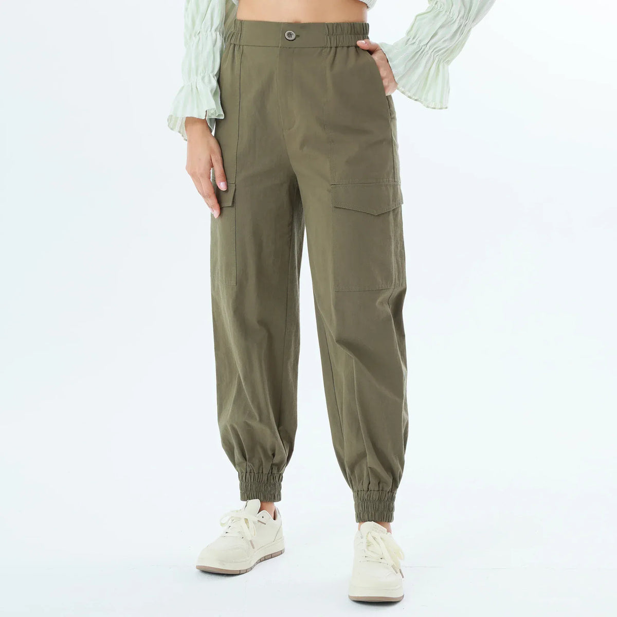 Olive Green Plain Fashion Pants For Women Image