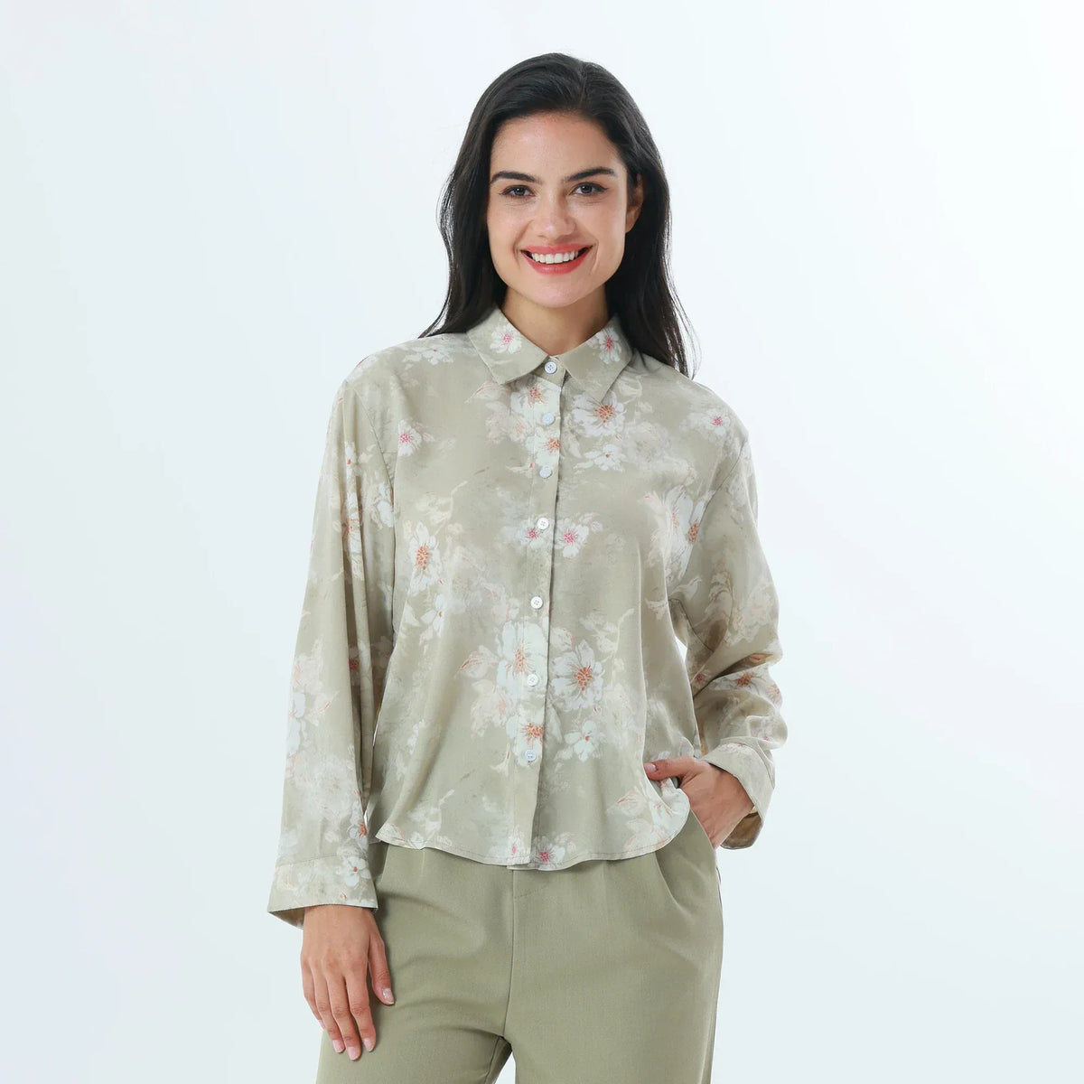 Green Khaki Floral Fashion Shirt For Women Image