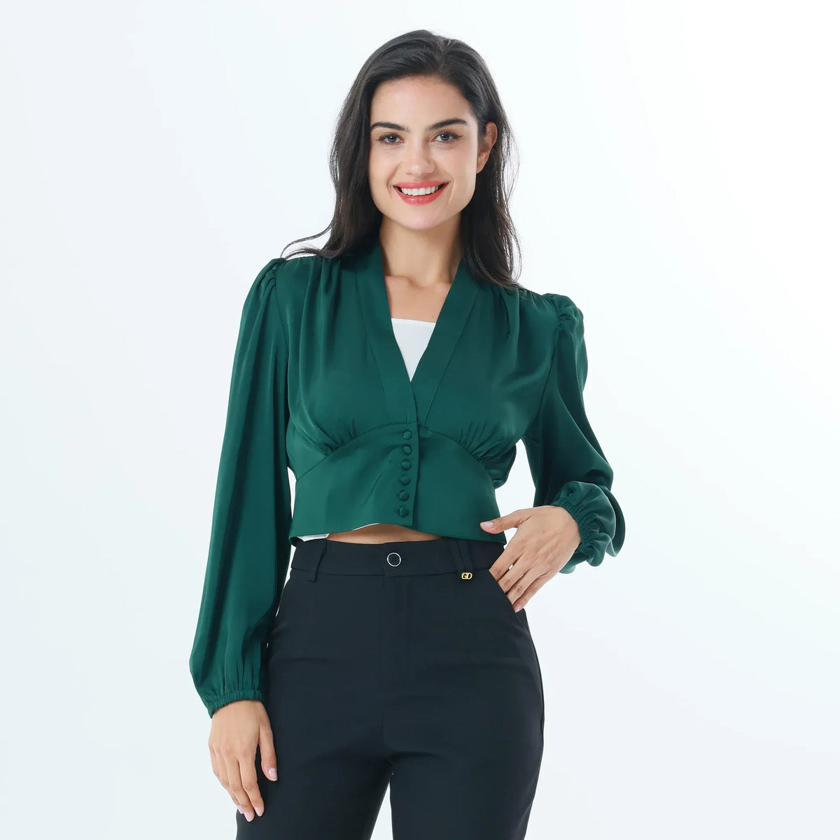 Dark Green Plain Fashion Blouse For Women Image