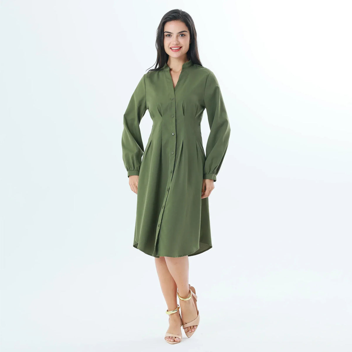 Army Green Plain Fashion Dress For Women Image