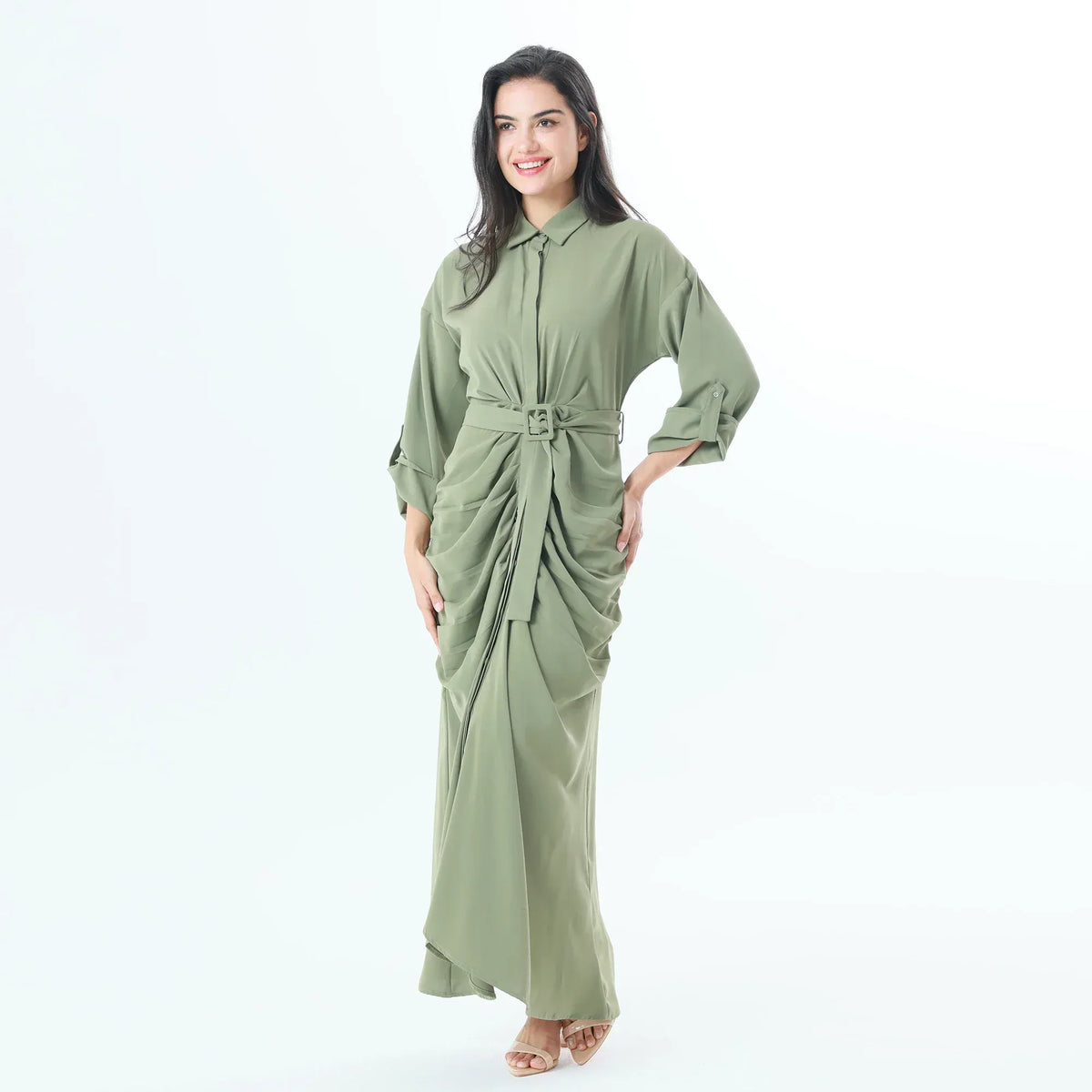 Olive Green Plain Fashion Dress For Women Image