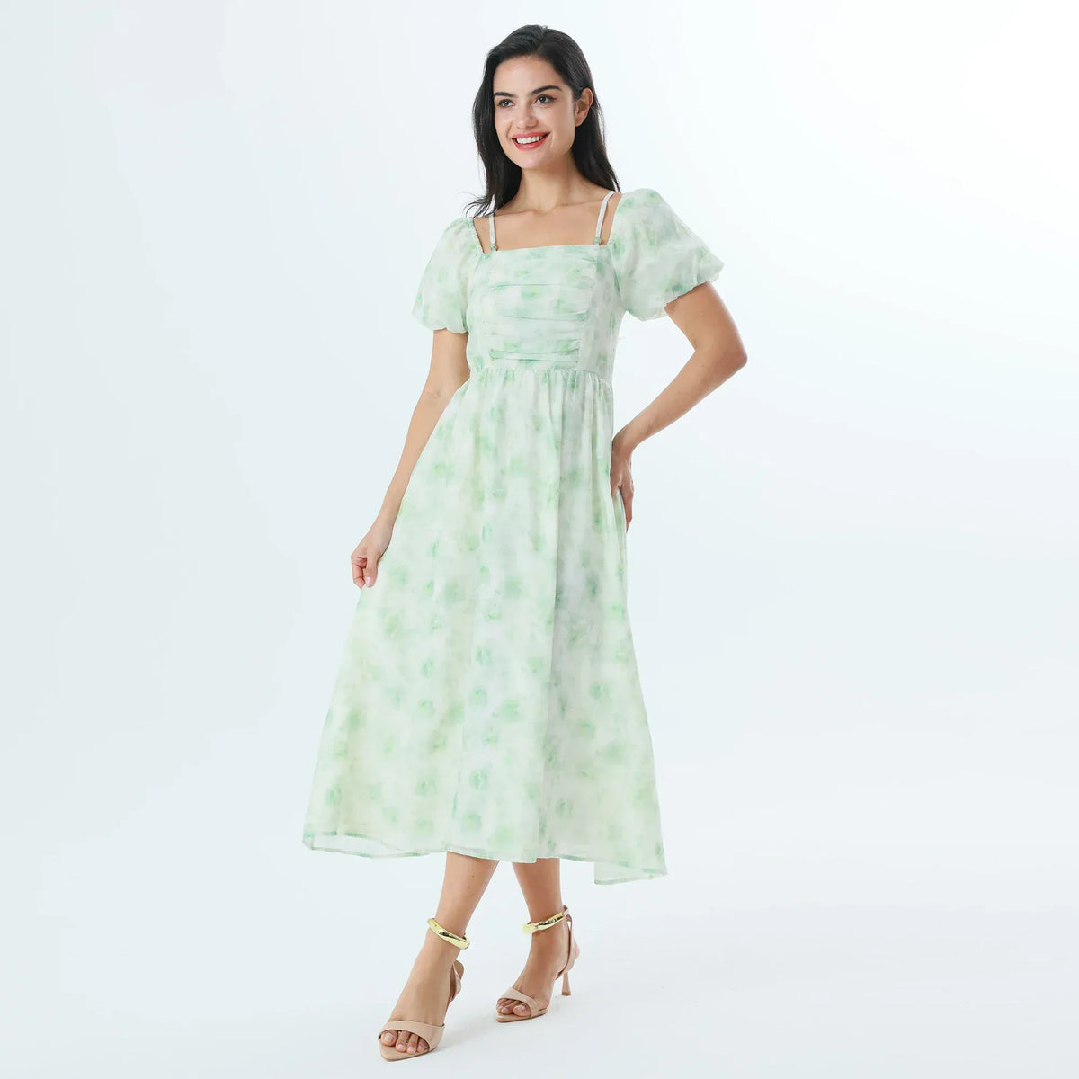 Green Printed Fashion Dress For Women Image