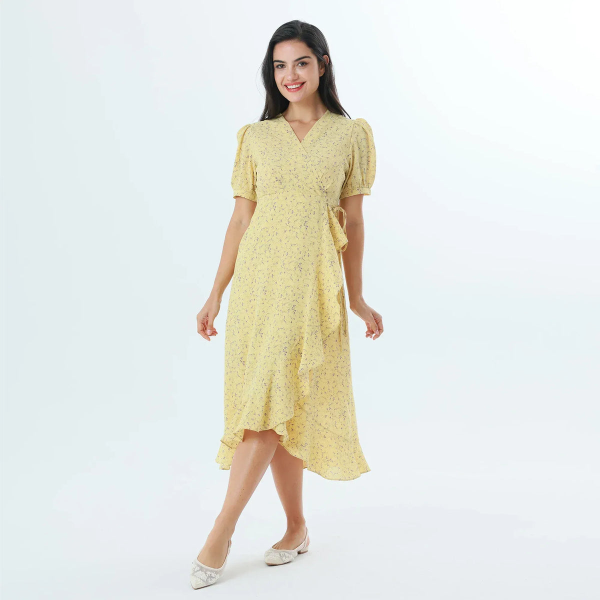 Yellow Floral Fashion Dress For Women Image