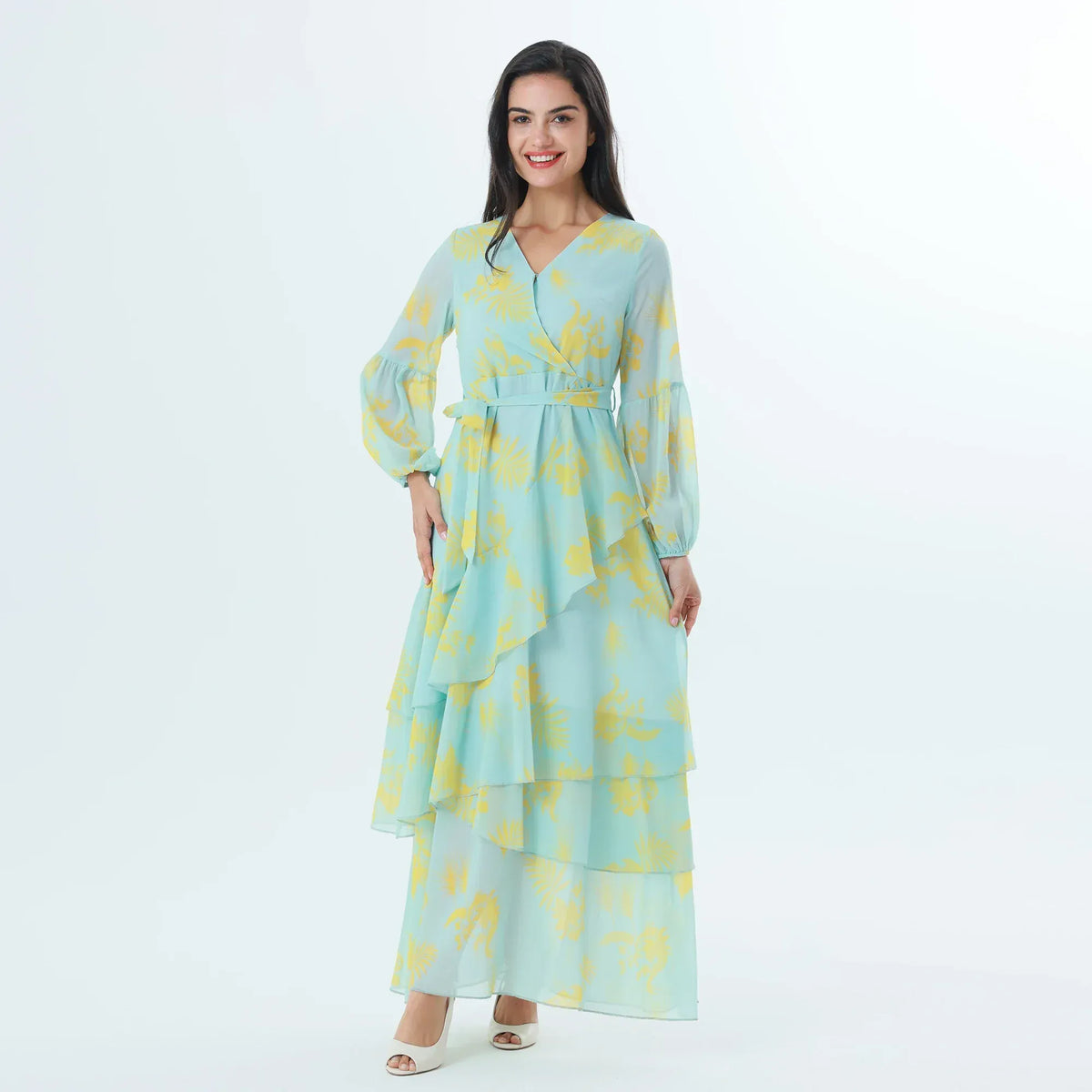Yellow Floral Fashion Dress For Women Image