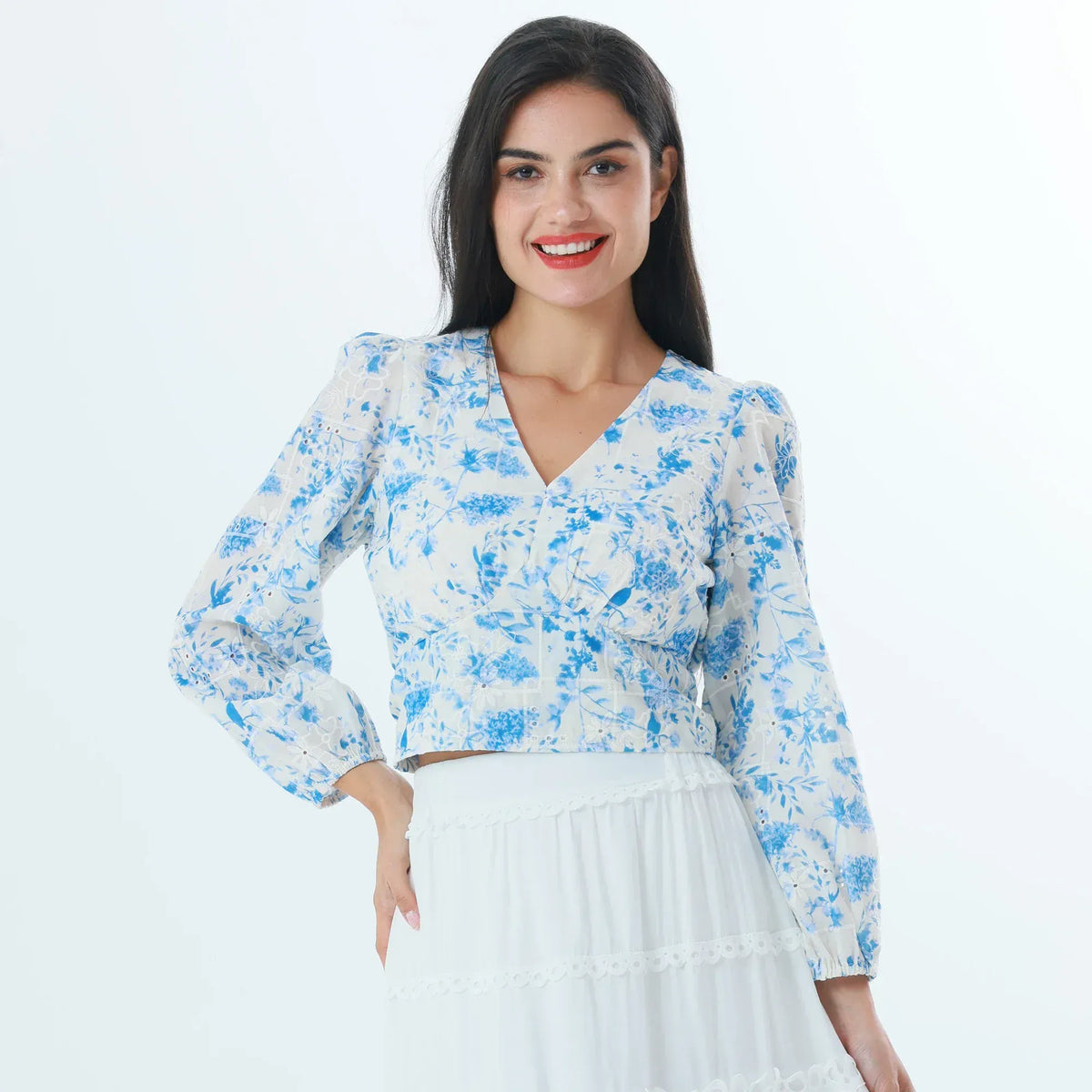 Blue Floral Fashion Blouse For Women Image