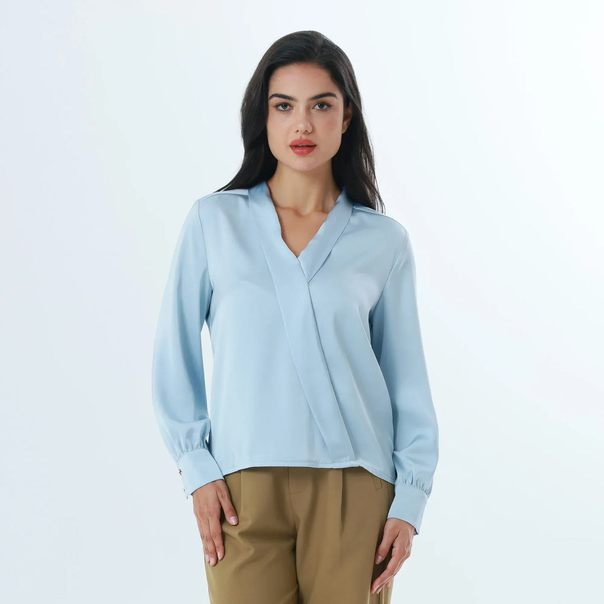 Light Blue Plain Fashion Blouse For Women Image