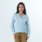 Light Blue Plain Fashion Blouse For Women Image