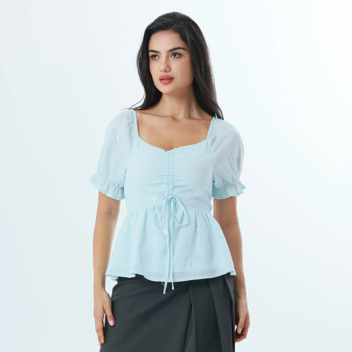 Blue Embroidery Fashion Blouse For Women Image