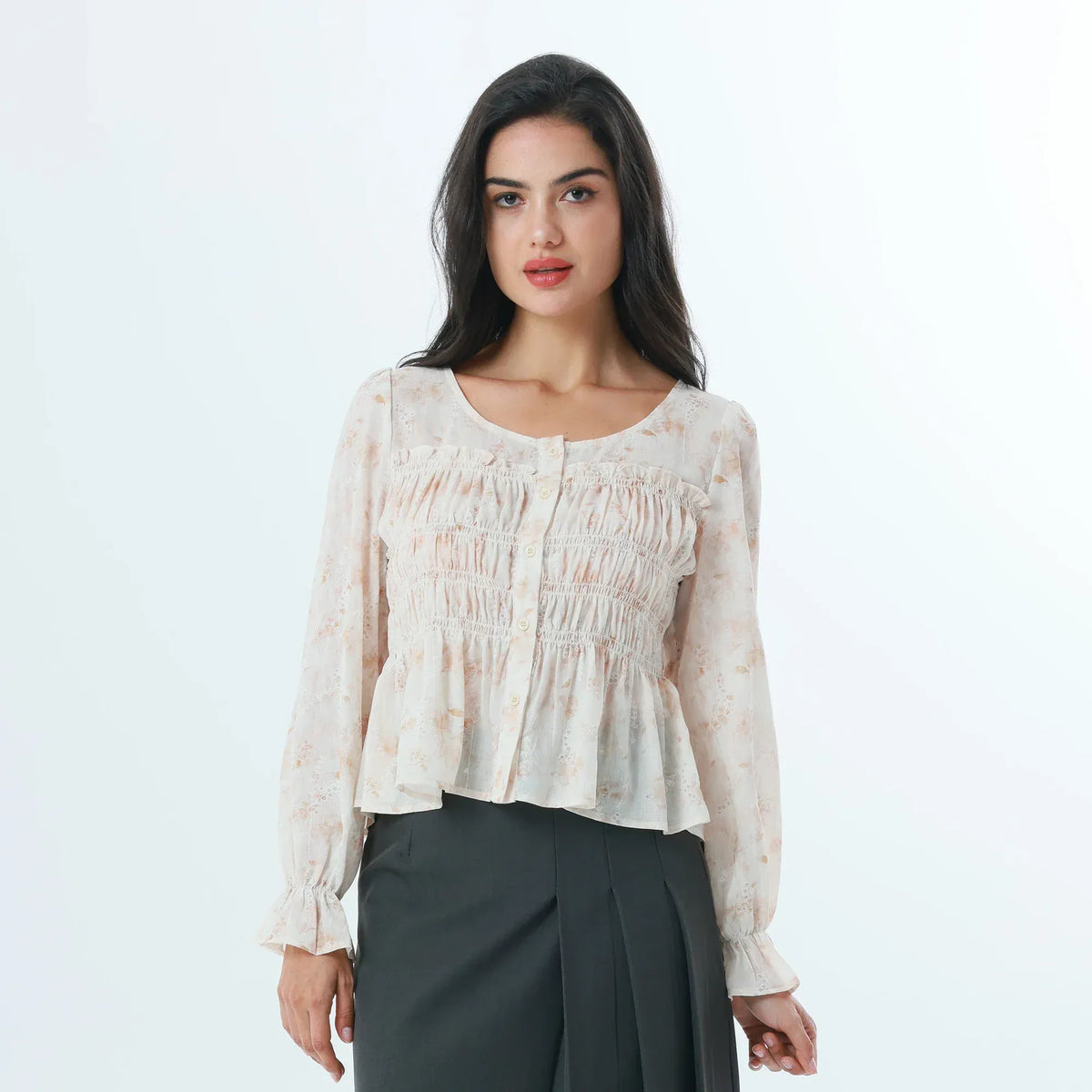 Beige Floral Fashion Blouse For Women Image