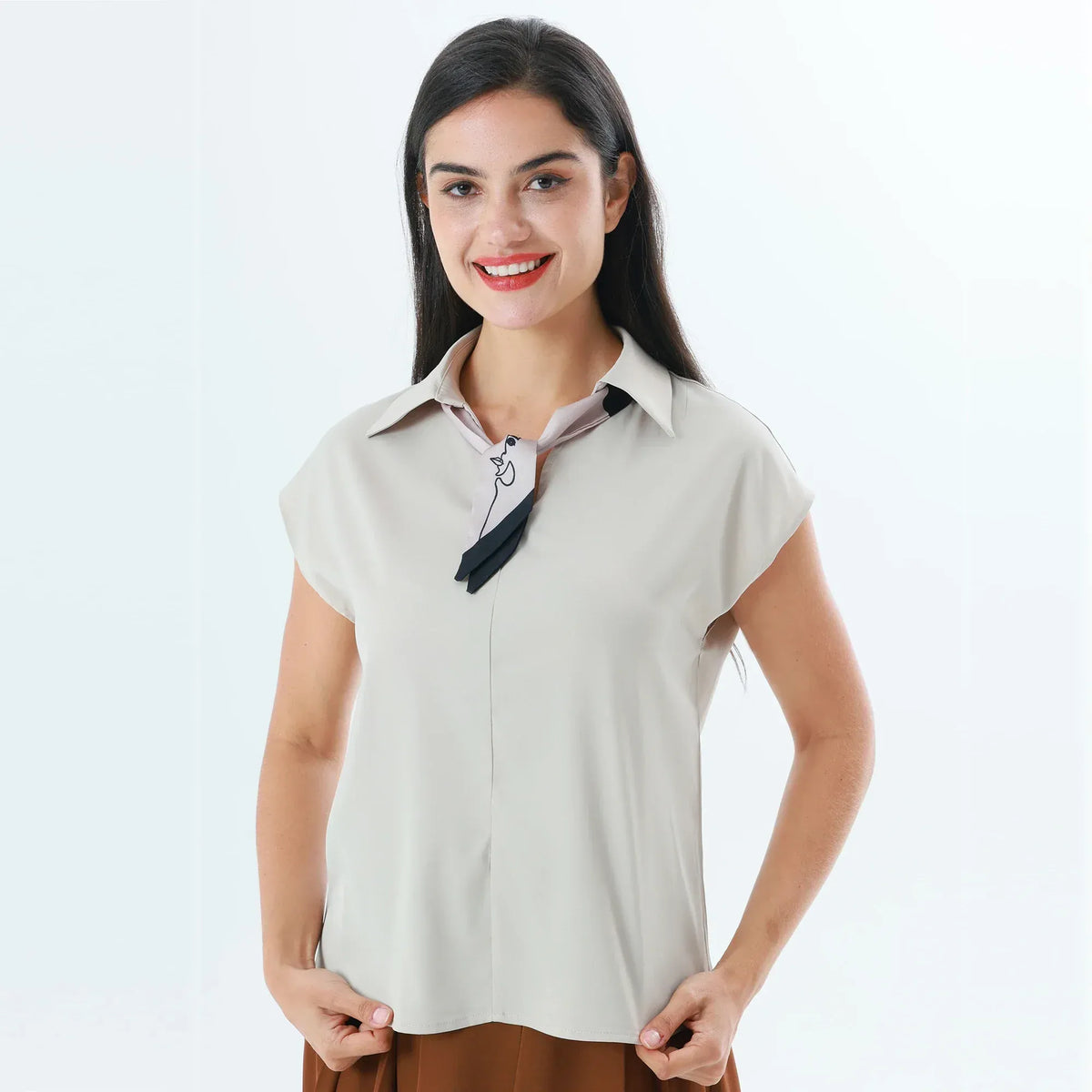 Beige Plain Fashion Blouse For Women Image