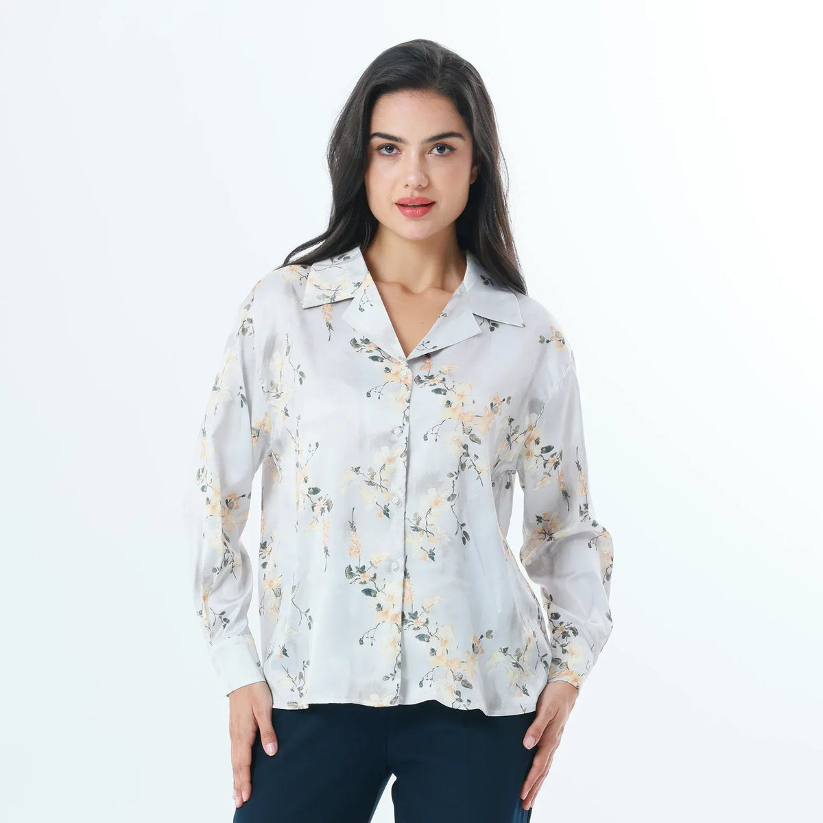 Grey Blue Floral Fashion Shirt For Women Image
