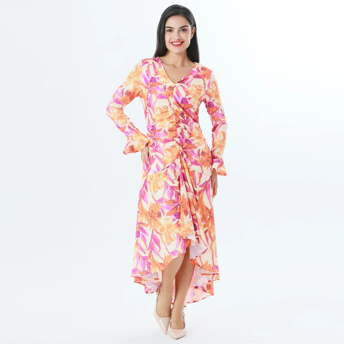 Orange Floral Fashion Dress For Women Image