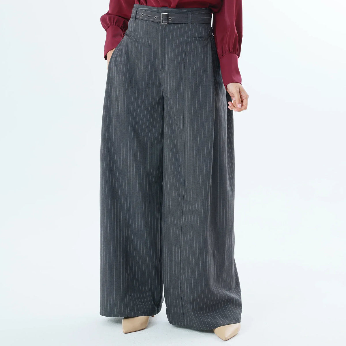 Dark Grey Striped Fashion Pants For Women Image