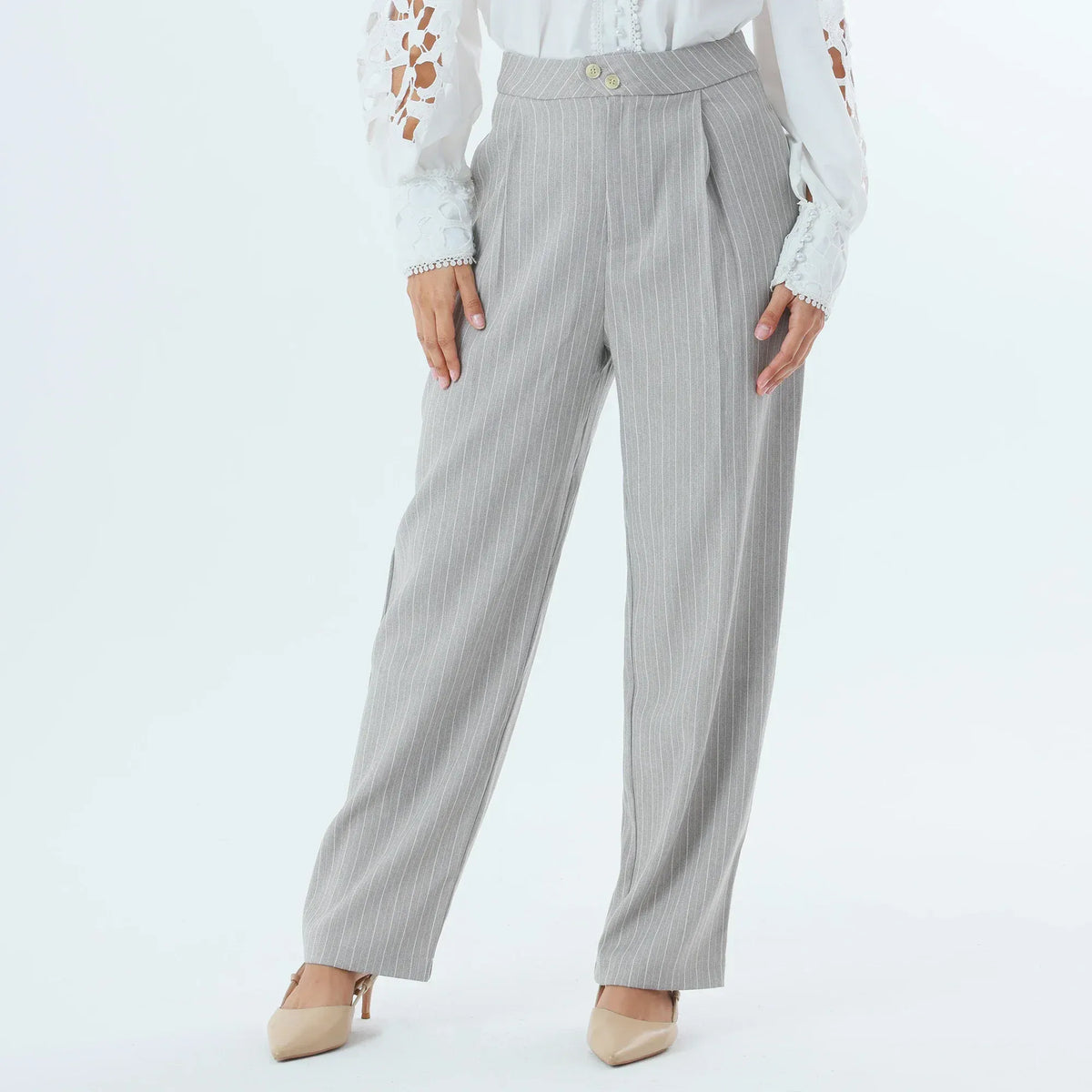 Light Grey Striped Fashion Pants For Women Image
