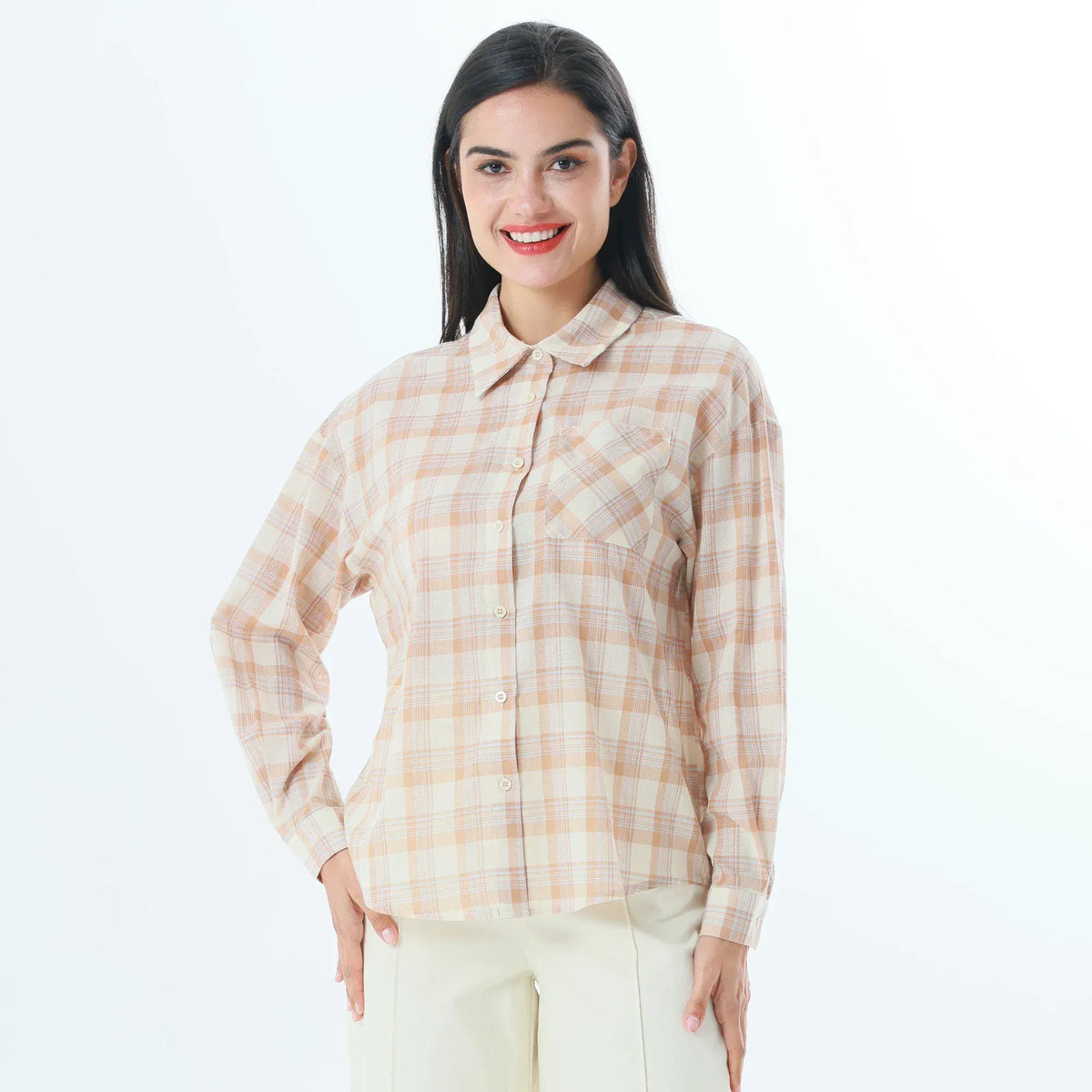 Beige Checked Fashion Shirt For Women Image