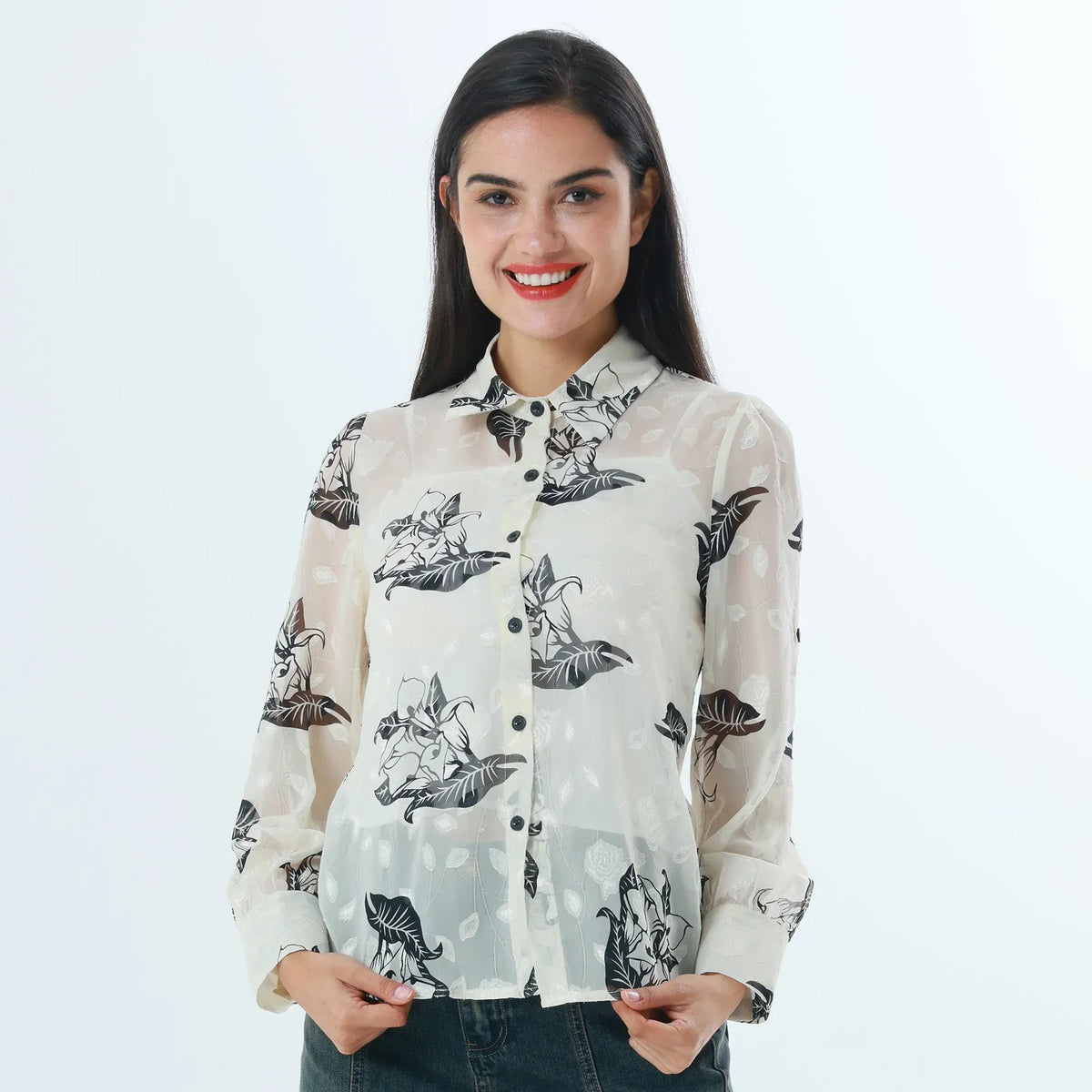 Beige Floral Fashion Shirt For Women Image