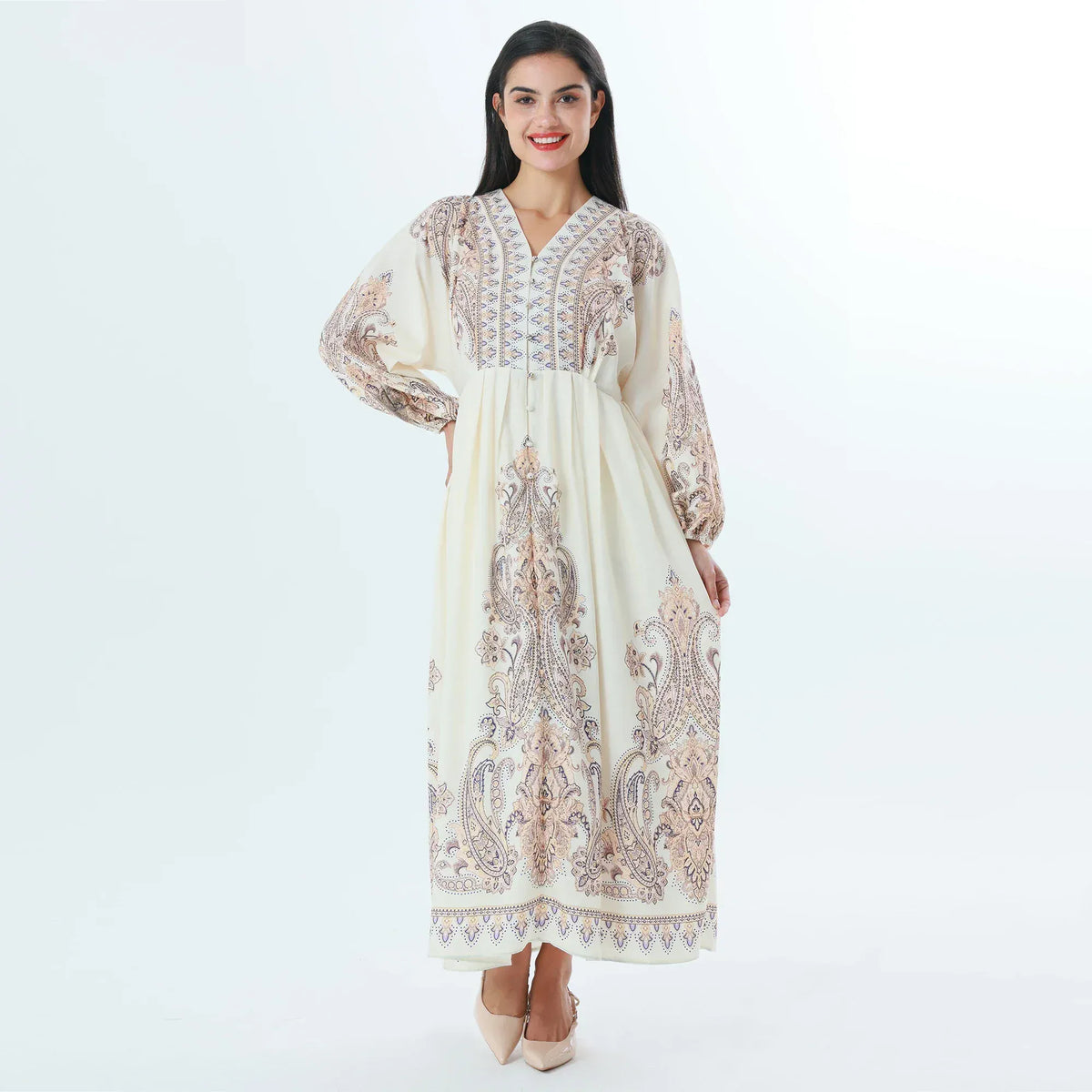 Beige Floral Fashion Dress For Women Image