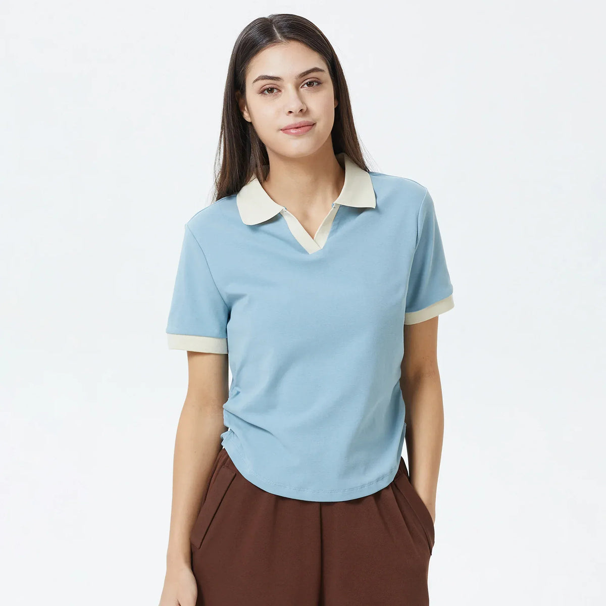 Blue Color-Blocked Polo Shirt for Women Image