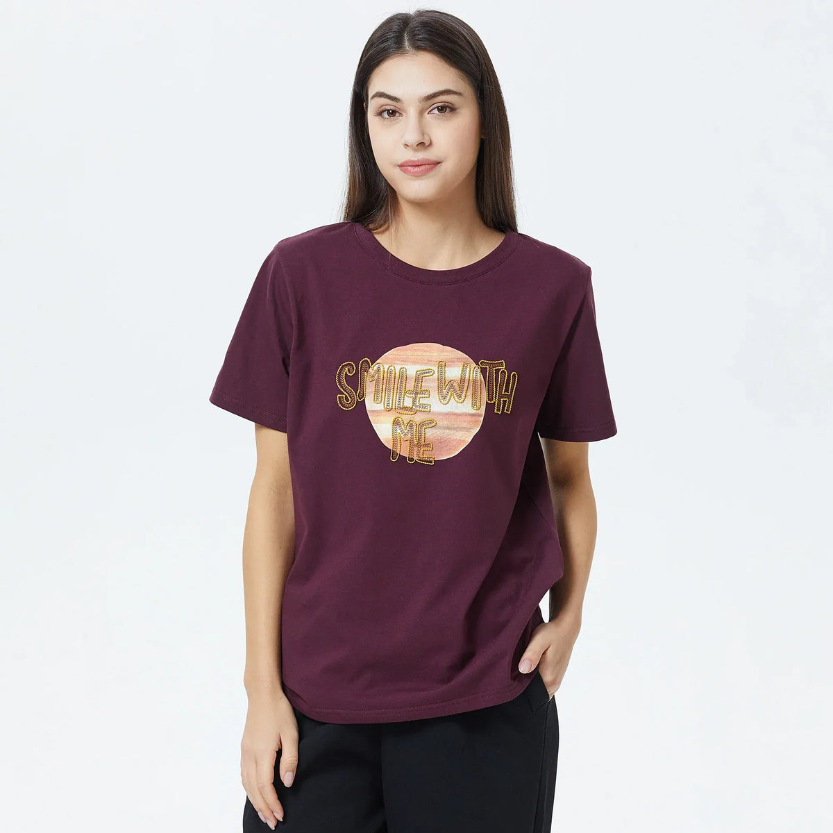 Purple Embroidery Printed T.Shirt for Women Image