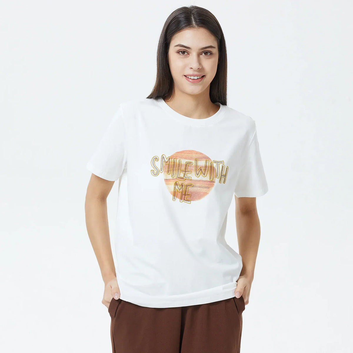 White Embroidery Printed T.Shirt for Women Image