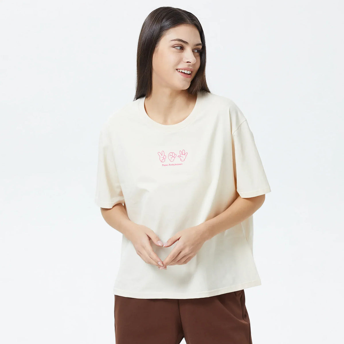 Beige Embroidery Printed T.Shirt for Women Image