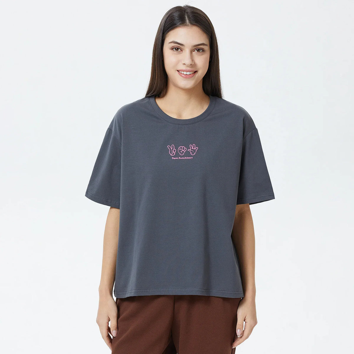 Dark Grey Embroidery Printed T.Shirt for Women Image