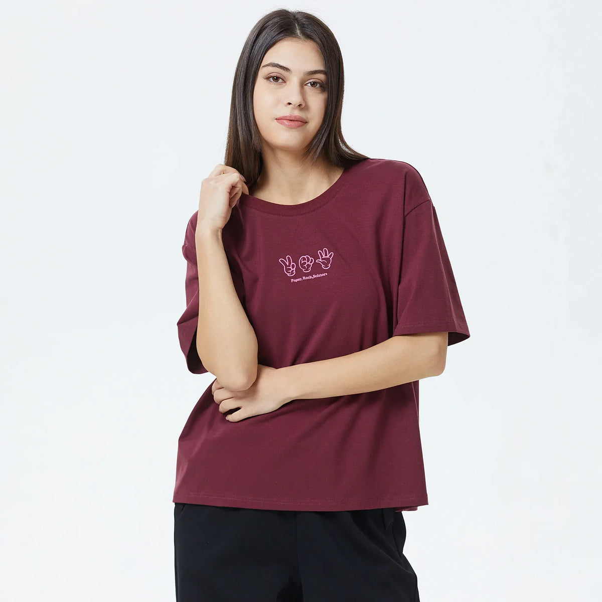 Purple-Red Embroidery Printed T.Shirt for Women Image