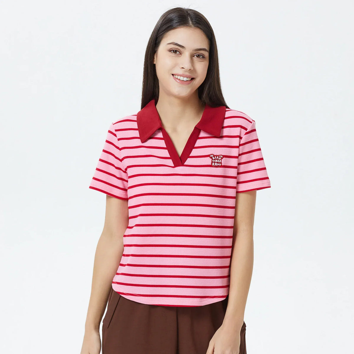 Pink Striped Polo Shirt for Women Image