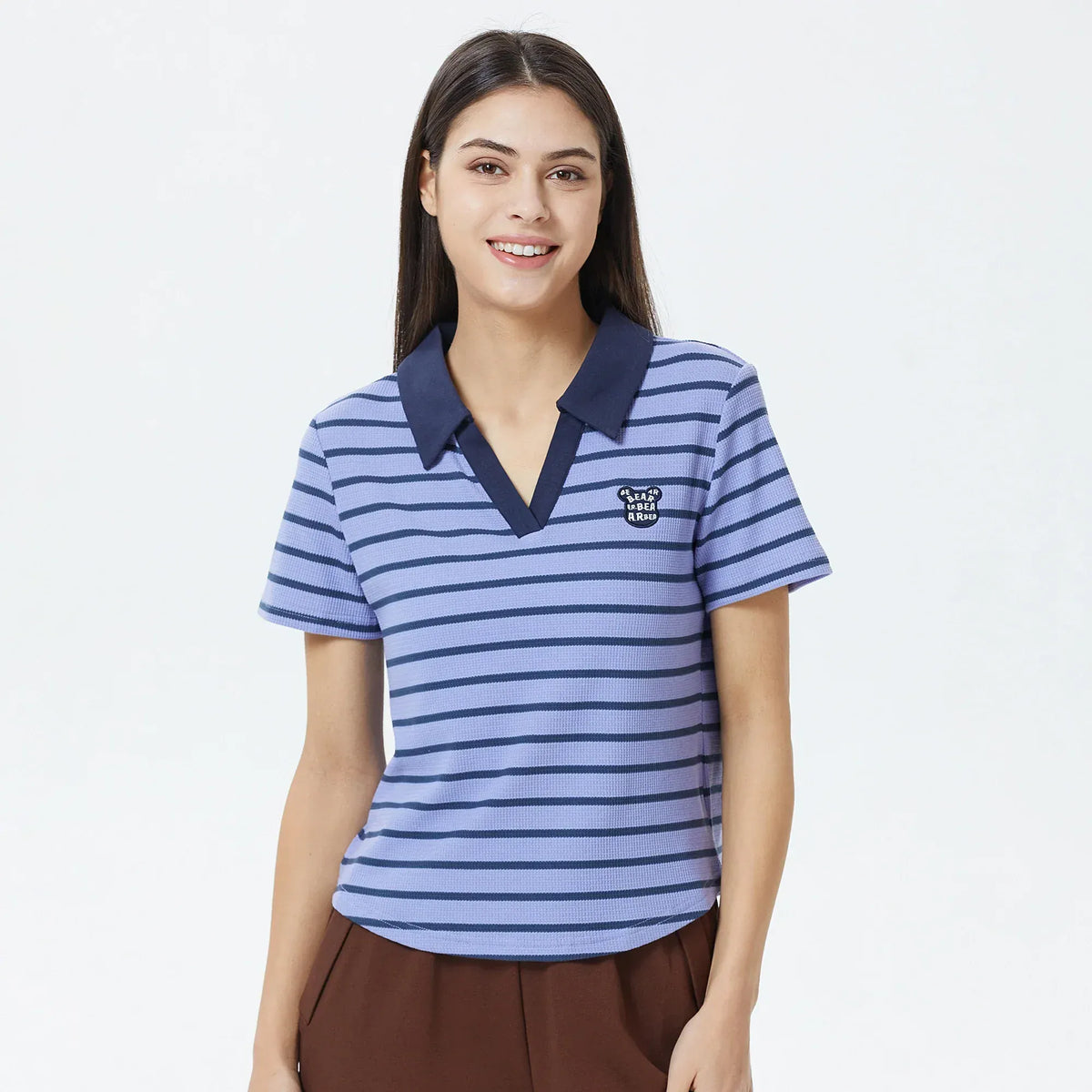 Purple Striped Polo Shirt for Women Image
