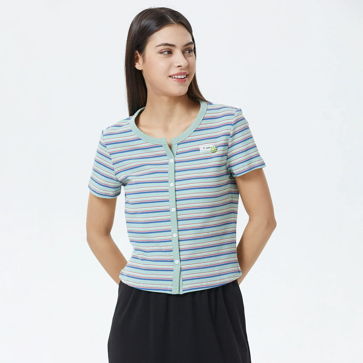 Light-Green Striped T.Shirt for Women Image