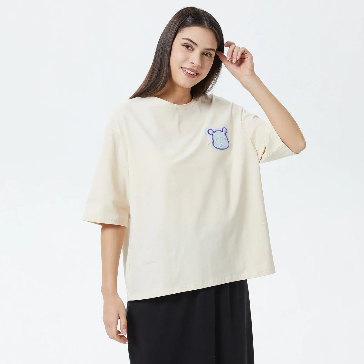 Beige Embroidery Printed T.Shirt for Women Image