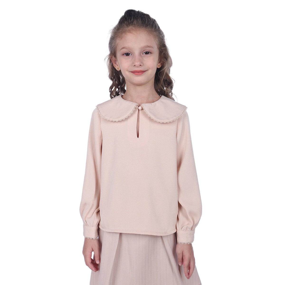 Pink Beige Embroidery Formal Blouse For Girls Image