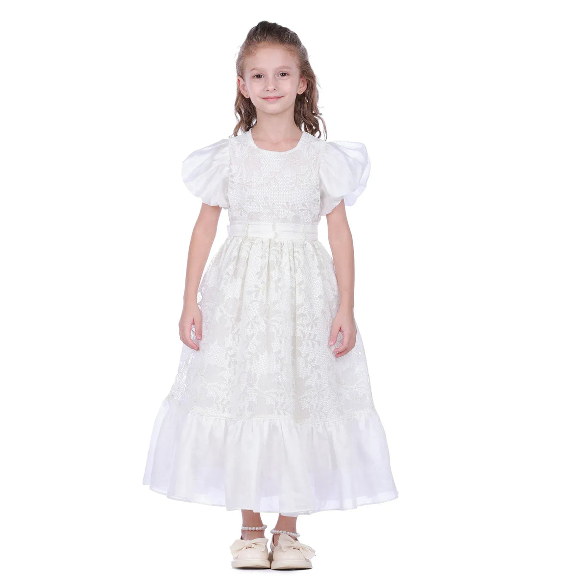 Off White Floral Facny Dress for Girls Image