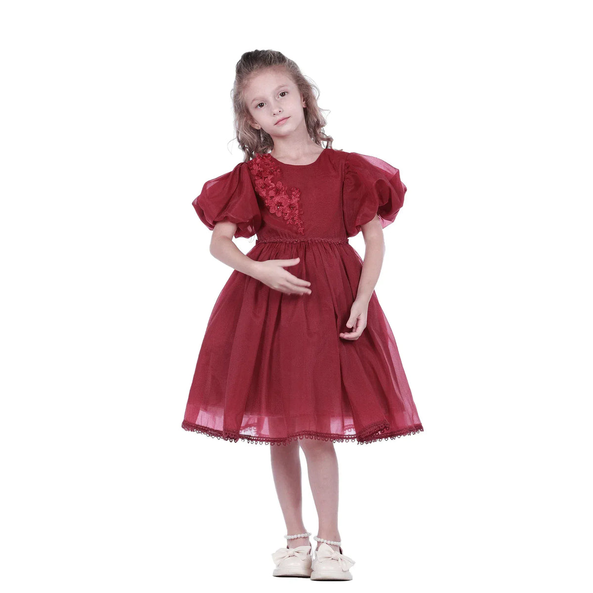 Maroon Floral Facny Dress for Girls Image
