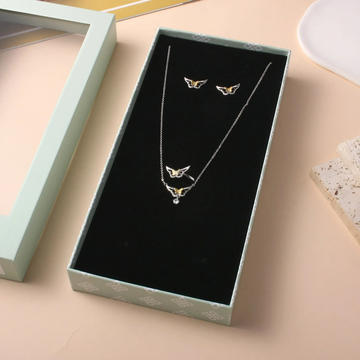 10Y+ Gold Golden Butterfly Set For Girls - Necklace, Earring and Ring Image