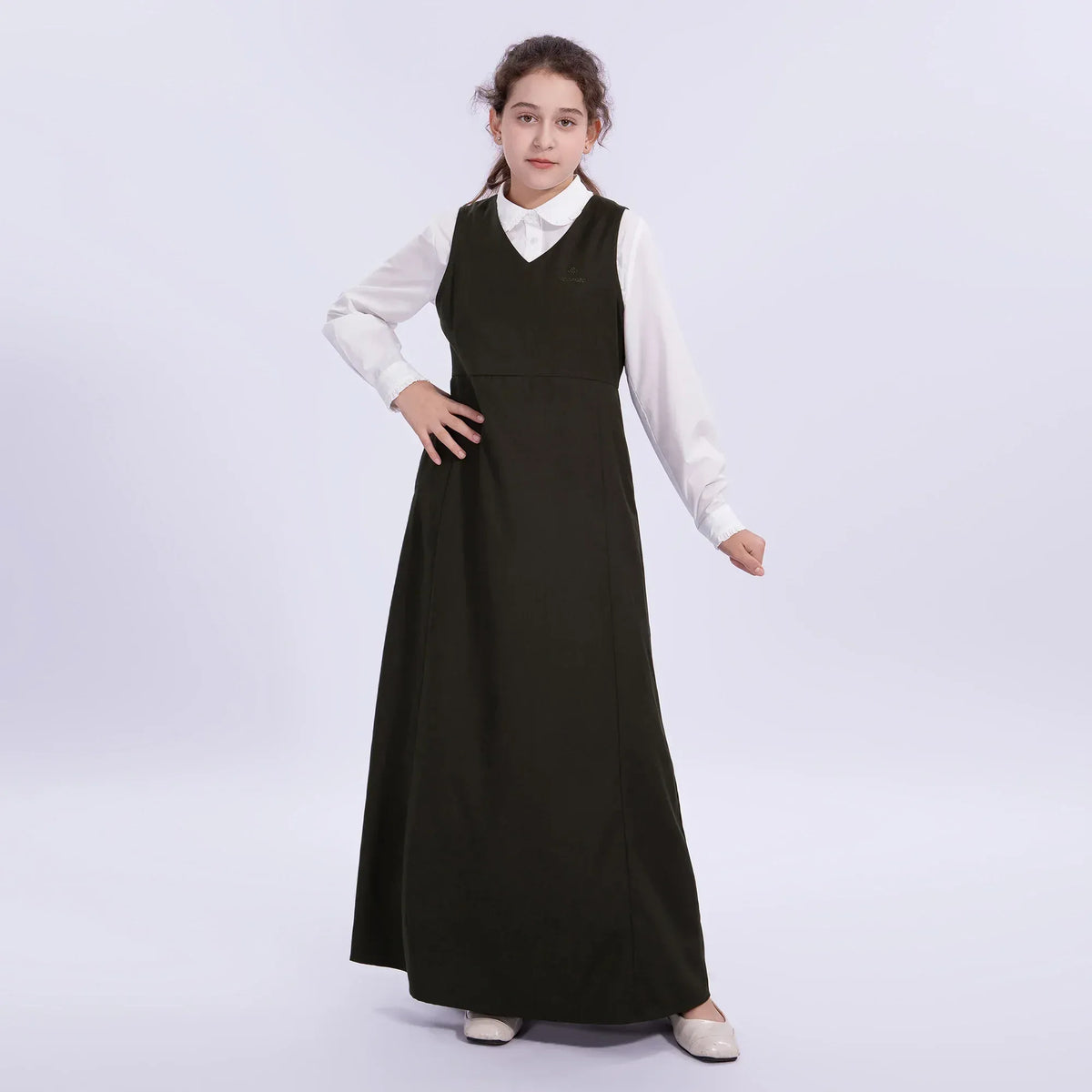 Army Green Embroidery Uniform Dress for Girls Image