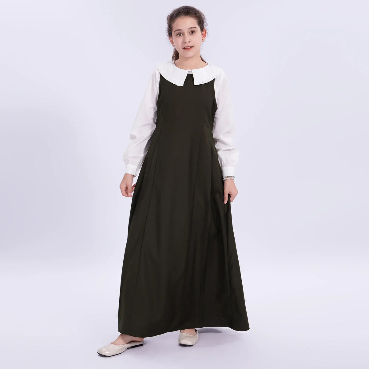 Army Green Embroidery Uniform Dress for Girls Image