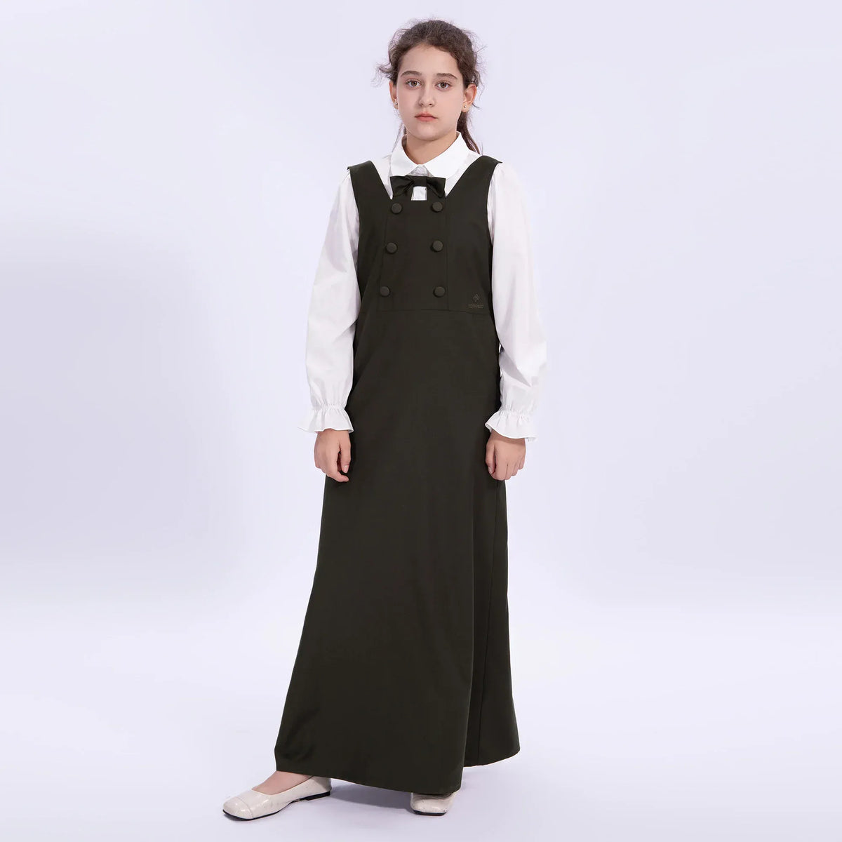 Army Green Embroidery Uniform Dress for Girls Image