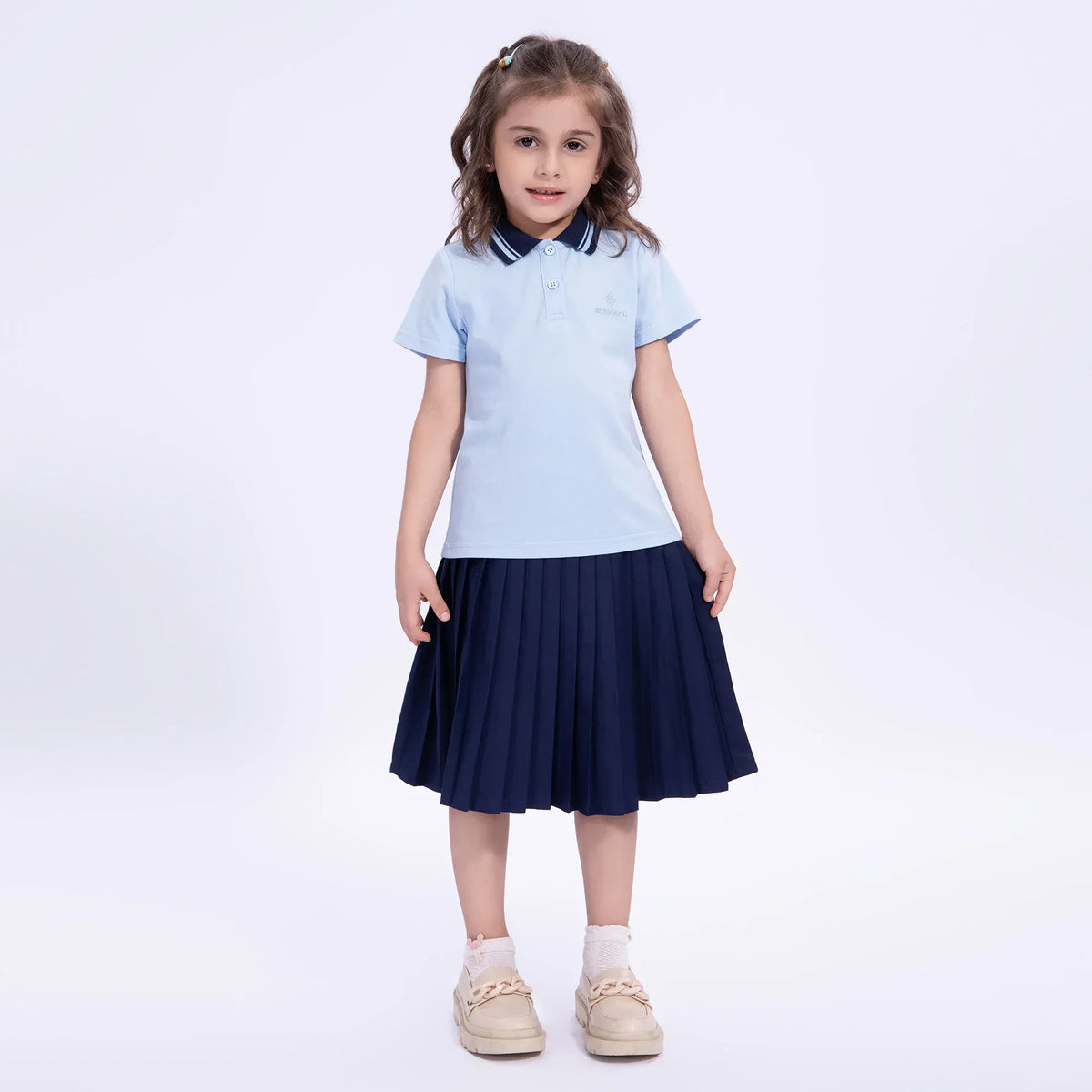 Light Blue Embroidery Uniform Polo Shirt for Girls Image
