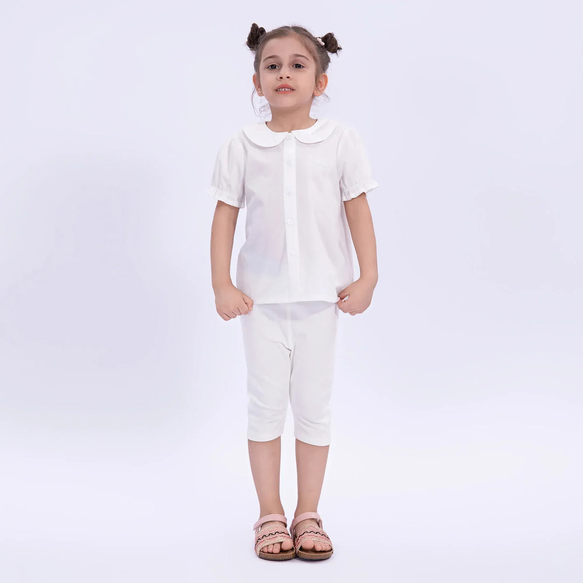 White Embroidery Basic Leggings for Girls Image