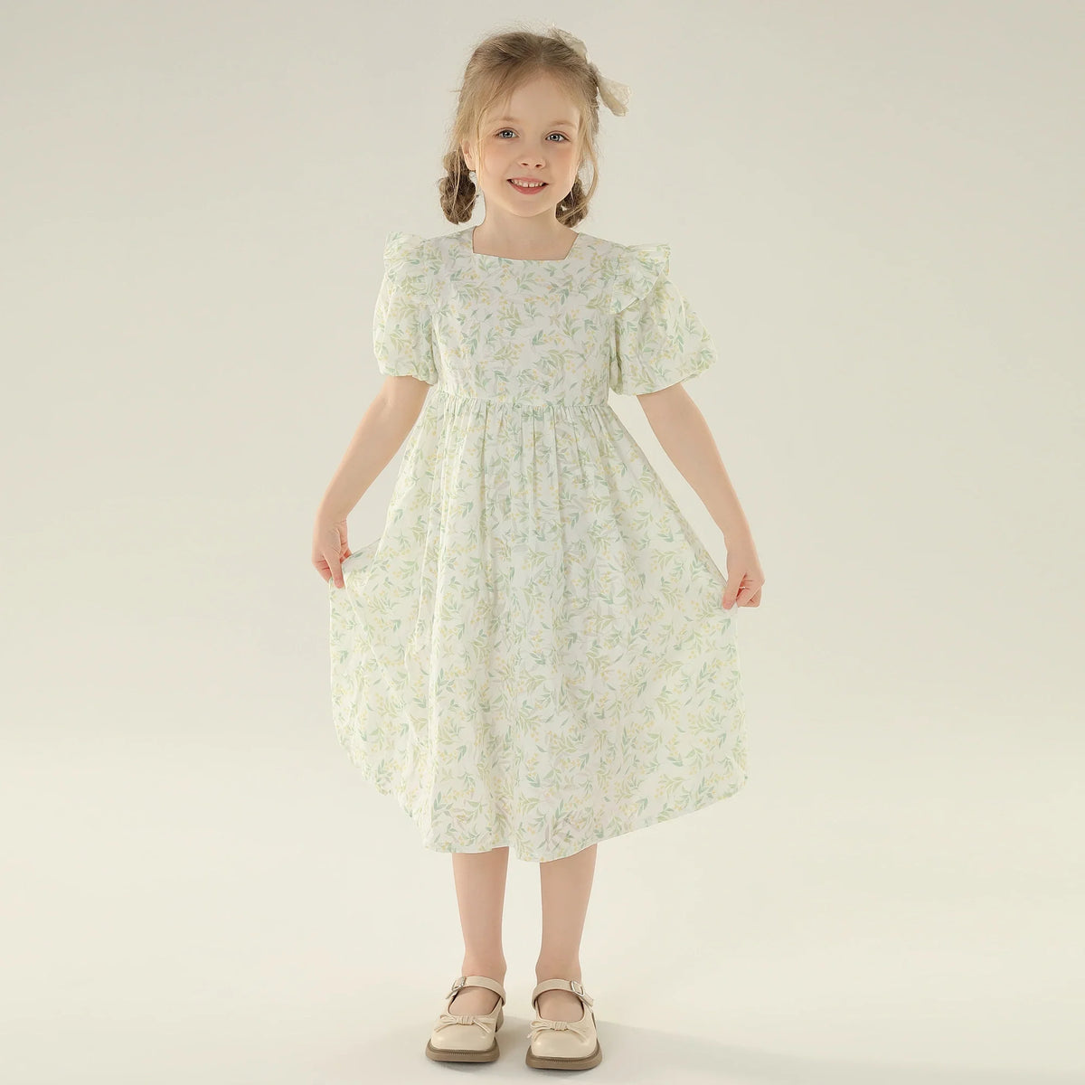 Floral Street Look Puff Sleeve Dress For Girls