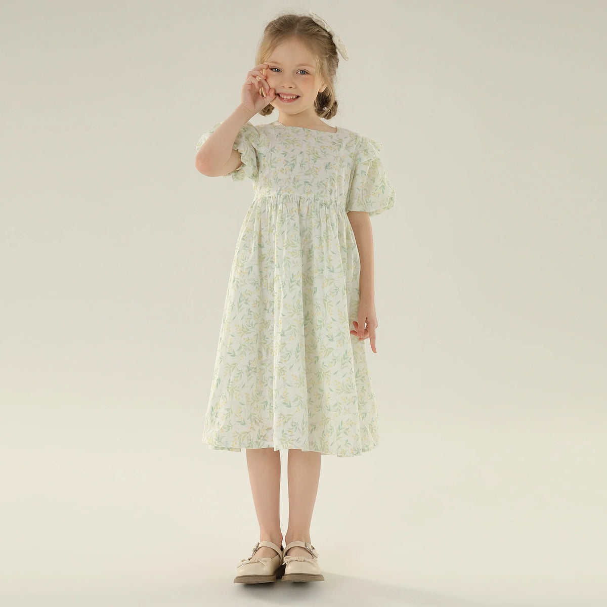 Floral Street Look Puff Sleeve Dress For Girls