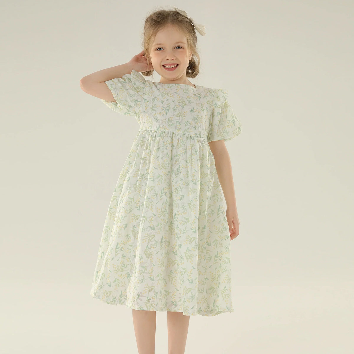 Floral Street Look Puff Sleeve Dress For Girls